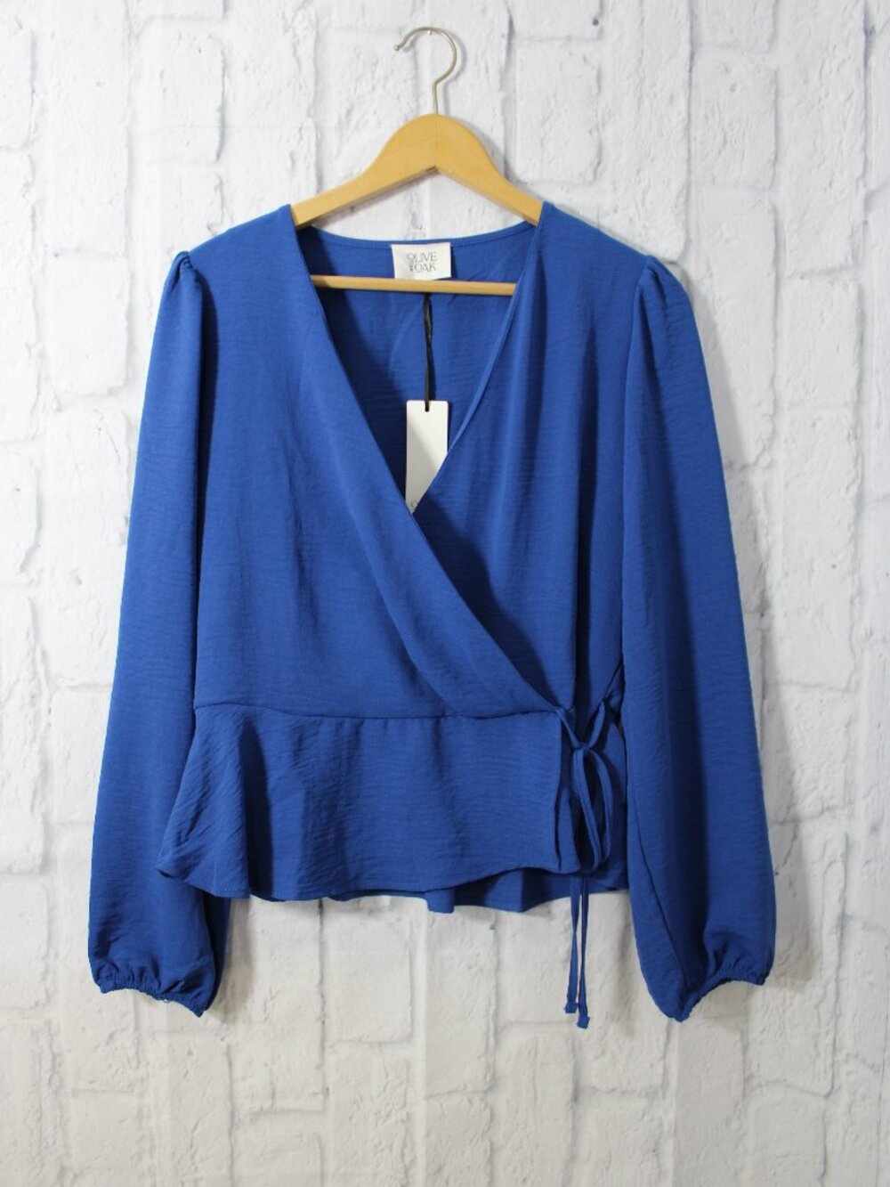 Olive & Oak Large Royal Blue V Neck Longsleeve Wrap Blouse Flirty Casual Summer
